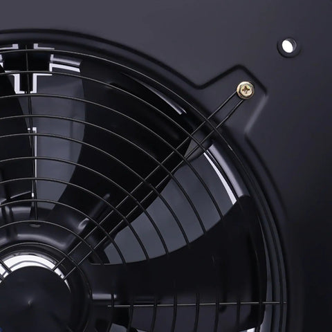 Close-up of Explosion Proof 16 Inch Industrial Ventilation Fan for Spray Booths and Workshops, black blades and grill
