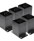 Heavy Duty Black Powder Coated 4 By 4 Post Base Set Of Five For Deck Pavilion Railing Support Bolt Down Inner Size Three Point Six By Three Point Six Inches 14 Gauge Steel Brackets Built For Sturdy Outdoor Use showing five steel brackets