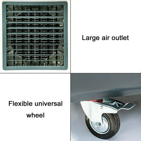 Portable Swamp Cooler On Smooth Rollers Pulls Evaporative Air Cooling Tricks with large air outlet and flexible universal wheel.