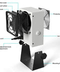 Anti Static Ion Fan Neutralizer for Electronics Manufacturing with labeled parts, including ion blower, protective covers, and adjustment knob.