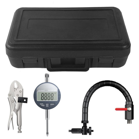 HDLNKAK brake disc flatness gauge kit with 1'' digital indicator, 360-degree flexible stem holder, pliers, clamp in case