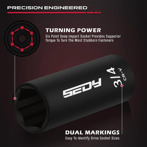 Close-up view of three eighths inch drive impact socket with CR-V construction, 3/4 inch size, showing turning power details.