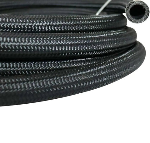 Get Your Ride Fueling Smooth With This 20 Foot Universal 6AN Braided Oil Line Kit Featuring Stainless Steel Nylon Weave And Swivel Ends That Are Total Game Changers For Any Car Or Truck Fuel System Needing Quick Repairs Upgrades. coiled black 20 ft 6AN braided nylon fuel hose