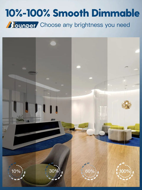 Four lighting settings of 12 Pack 4 Inch LED Can Lights Retrofit Recessed Downlights With Baffle Trim Dimmable 8.5W in a modern room