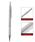 Solid Heavy Duty Tungsten Carbide Scriber With Retractable Clip Etching Pen shows knurled handle and pocket clip.