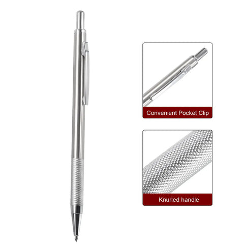 Solid Heavy Duty Tungsten Carbide Scriber With Retractable Clip Etching Pen shows knurled handle and pocket clip.