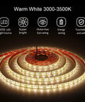 Warm white LED light strip unrolled with glowing effect, showcasing energy efficiency and safety features.
