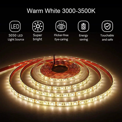 Warm white LED light strip unrolled with glowing effect, showcasing energy efficiency and safety features.