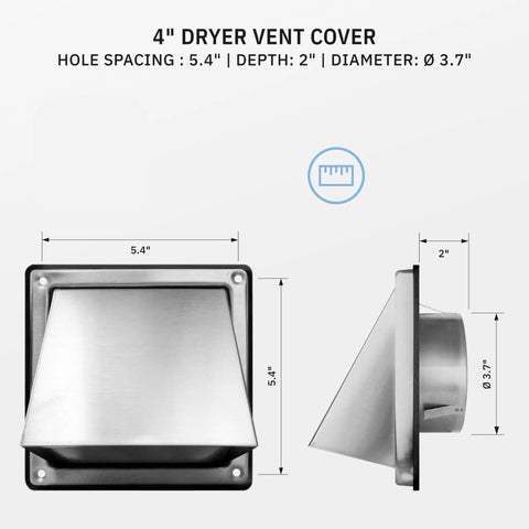 4 Inch Outdoor Dryer Vent Cover With Gravity Flap Stainless Steel Heavy Duty Weatherproof Exterior Exhaust Vent Hood For Home And Commercial Use Pest And Backdraft Protection, front and side view dimensions displayed.