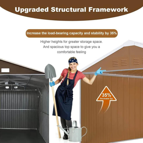 Person standing by 10x12 Ft Heavy Duty Metal Outdoor Storage Shed With Lockable Sliding Door Windows And Ventilation Weatherproof Garden Shed