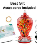 Colorful Hand Blown Glass Hummingbird Feeder For Outdoors Patio Large 32 Ounce With Ant Moat Hanging Hook Rope Cleaning Brush And Service Card Red Firework