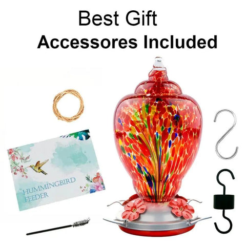 Colorful Hand Blown Glass Hummingbird Feeder For Outdoors Patio Large 32 Ounce With Ant Moat Hanging Hook Rope Cleaning Brush And Service Card Red Firework