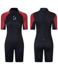 Front and back view of 3mm Shorty Wetsuit Back Zip Full Body Dive Skin For Diving Surfing Snorkeling Spearfishing Canoeing And Water Sports Men Women Red XL.