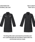 Comparison of personalized black lab coat with embroidery and plain option, both unisex, 40 inch executive length, 4 button front.