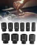 Heavy Duty 10 Pc Metric Impact Socket Set With 3/4 Inch Drive Deep Sockets For Lug Nuts Range From 22mm To 50mm Chrome Molybdenum Steel Built Tough For Auto Repair And Garage Workshops, 10 deep sockets shown