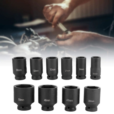 Heavy Duty 10 Pc Metric Impact Socket Set With 3/4 Inch Drive Deep Sockets For Lug Nuts Range From 22mm To 50mm Chrome Molybdenum Steel Built Tough For Auto Repair And Garage Workshops, 10 deep sockets shown