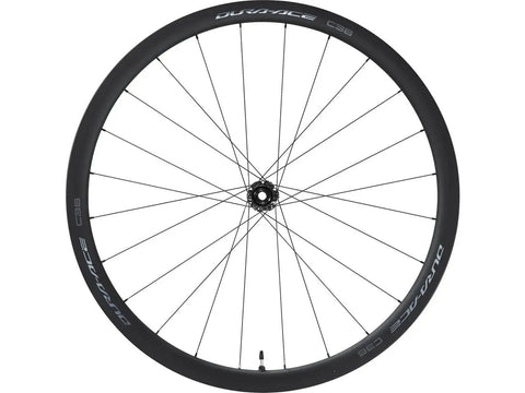 Dura-Ace Wh-R9270 C36 Carbon Road Wheelset 700c Tubeless Ready With 36mm Aero Depth, front view showing rim and hub details.