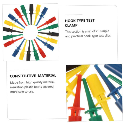 Color Coded Test Clip Probes For Multimeter Set 20 PCS, displayed in circular arrangement and close-up of plastic material
