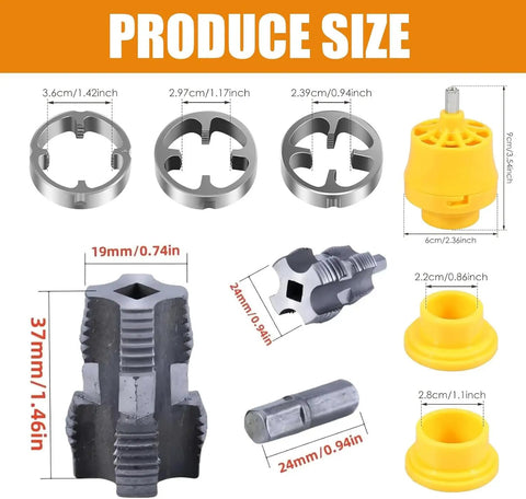 Heavy Duty Pvc Pipe Threader Kit With Electric Drill Adapter And One Half Inch Reusable Die for cutting internal threads, showing sizes and components.