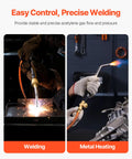 Air Acetylene Torch Kit with 149 Inch Hose, Two Welding Tips, CGA200 Regulator, shown welding and heating metal for DIY projects