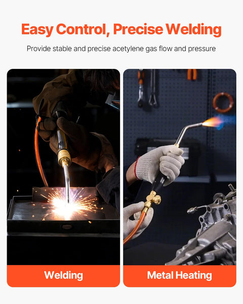 Air Acetylene Torch Kit with 149 Inch Hose, Two Welding Tips, CGA200 Regulator, shown welding and heating metal for DIY projects