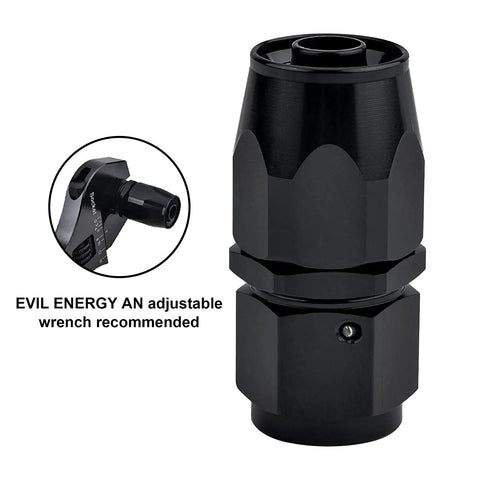 6AN Hose End Fitting Straight Swivel For CPE Braided Hose Black Aluminum 6061 T6 9 16 UNF Thread Pack Of Four For Stainless Steel And Nylon Braided Lines, shown with adjustable wrench