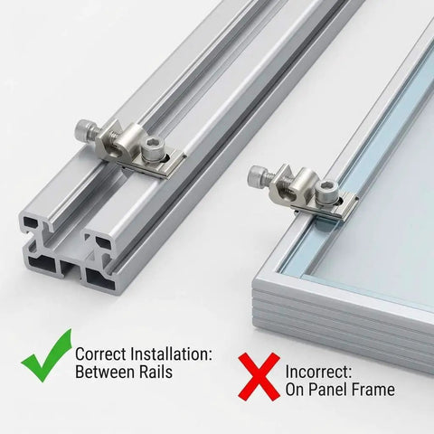 Rock Solid Grounding Lugs 25 Pack Aluminum Alloy Solar Rail Connectors showing correct installation between rails for solar setups.