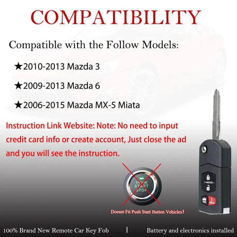 Key Fob Remote Replacement For Mazda MX 5 Miata Mazda 3 And Mazda 6 2006-2015 With compatibility details and battery installed