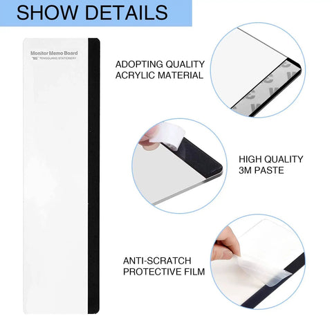 Transparent Monitor Memo Board Set, 2 Pack Slick Acrylic Side Panels with adhesive and protective film details shown