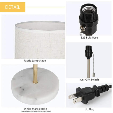Gold Marble Base Bedside Table Lamp For Bedroom And Office details including fabric lampshade, E26 bulb base, and UL plug