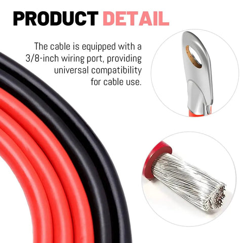 Top Shelf 2 Gauge Car Battery Cable 2 Pack Flexible Wiring Harness showcasing 3/8 inch ring terminal and wire detail.