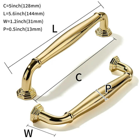 10 Pack Polished Brass Cabinet Pulls Heavy Duty Solid Hardware 5 Inch Center to Center Handles for Dressers Drawers Cupboards Gold Finish Top Shelf Quality Real Deal Upgrade measuring dimensions.