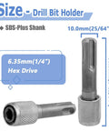 Five Piece SDS Plus Shank Drill Chuck Adapters Set To Convert To One Quarter Inch Hex Socket with size dimensions