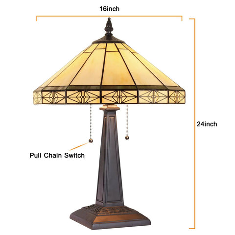 Stained Glass Tiffany Style Table Lamp With 2 Lights, 16 Inch Wide Cream Color Shade, Mission Art Bedside Reading Desk Lamp