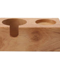 Sweet Beech Wood Coffee Tamper Stand With Clever Side Nook Securely Stores 51 To 58 Mm Tools, showcasing natural wood grain and dual tool slots.