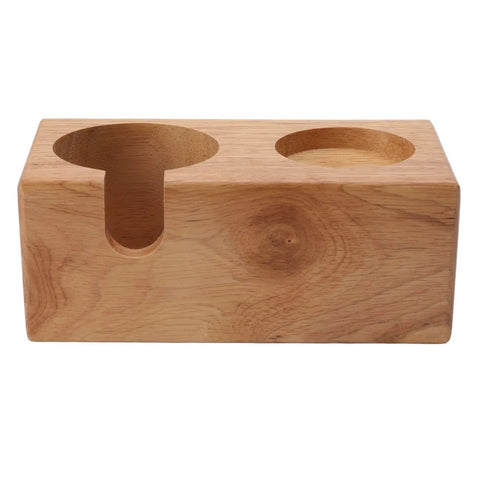 Sweet Beech Wood Coffee Tamper Stand With Clever Side Nook Securely Stores 51 To 58 Mm Tools, showcasing natural wood grain and dual tool slots.