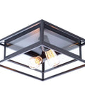 Sleek Black Flush Mount Ceiling Light Square Fixture With Glass Shade And Industrial Metal Cage Two Light Dimmable Ceiling Lamp