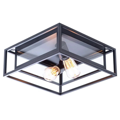 Sleek Black Flush Mount Ceiling Light Square Fixture With Glass Shade And Industrial Metal Cage Two Light Dimmable Ceiling Lamp