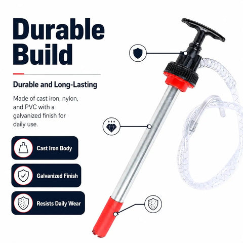Heavy Duty Manual Push Oil Transfer Pump Works Like A Charm with cast iron body, 47in clear hose, for efficient oil transfer.