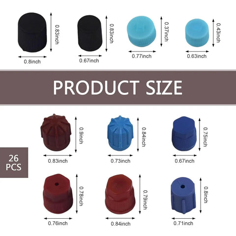 26Pcs R12 R134a AC Caps For Car 10 Sizes Valve Core Dust Cover Kit with dimensions shown for each size and color.