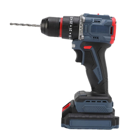 Heavy Duty Brushless Cordless Drill Kit Featuring 1500 RPM Dual Speed Gearbox with battery, ergonomic grip, and drill bit.