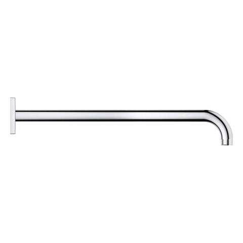 16 Inch Shower Arm With Square Flange In Starlight Chrome For Rain Shower Heads, 1/2 Inch NPT, Brass Construction, side view.