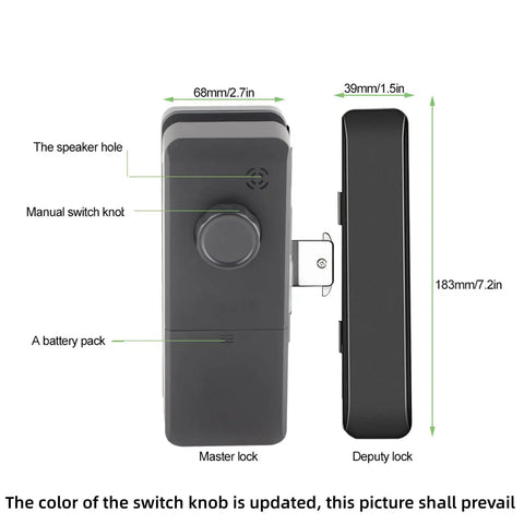 Side view of Biometric Door Lock With No Keys Needed And Four Easy Unlock Methods Fingerprint Password IC Card Or Keypad Plus Remote Unlock Real Voice Alerts And Doorbell Black showing dimensions and features.