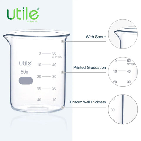 Close-up of Utile 50ml Beaker Shot Glass, showing spout, printed graduations, and uniform wall. 50ml Beaker Shot Glass Set Low Form Borosilicate 3 Point 3 Glass With Double Scale Graduation 10 Piece Laboratory Barware For Precise Mixing Perfect For Lab And Party Use.