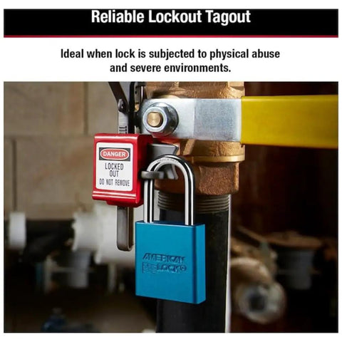 Aluminum Padlock One And A Half Inch Wide Body With Blue Anodized Finish Corrosion And Spark Resistant OSHA Compliant Lock on pipe
