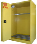 Top Shelf Hazardous Waste Storage Cabinet Built Tough For Flammable Liquids Holds Seventy Five Gallons With Smooth Self Closing Slide Doors Osha And FM Approved Solid Yellow Steel Box with open door and metal shelves.