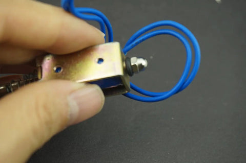5N 12V DC Push Pull Open Frame Solenoid Electromagnet With Built In Mounting Board Miniature Spring Loaded Actuator For ATM Machines Vending Heavy Duty Industrial Use, metal body with blue wires