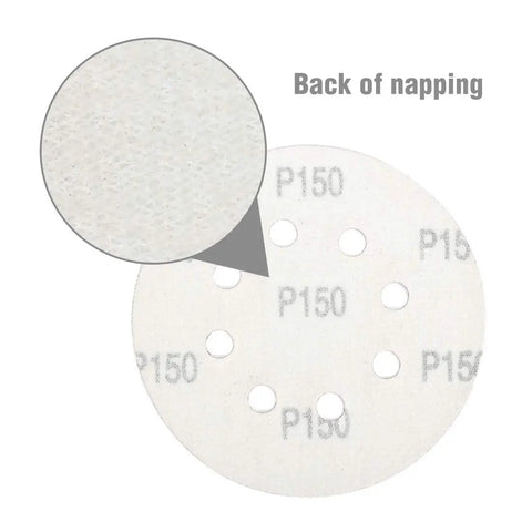 Back view of 5 Inch 8-Hole Sanding Disc Set With Hook And Loop Includes Grits 60 80 100 120 180 240 320 400 For Random Orbital Sander