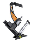 3-In-1 Pneumatic Flooring Nailer And Stapler with black design and visible handle, suitable for tongue and groove hardwood flooring.