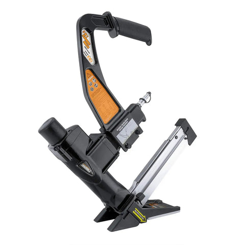 3-In-1 Pneumatic Flooring Nailer And Stapler with black design and visible handle, suitable for tongue and groove hardwood flooring.